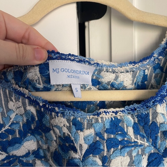Mi Golondrina Blue Grey Striped Embroidered FLORES SHORT DRESS Gris Rayas Azules - Picture 2 of 3